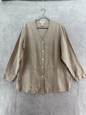 VTG Talbots Irish Linen Tunic Button Front Shirt Womens L Beige V-Neck Capsule